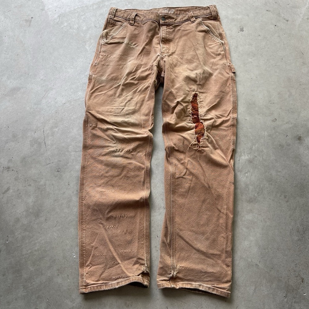 Vintage Carhartt Distressed Repaired Carpenter Pants Brown 36x34 Duck Canvas